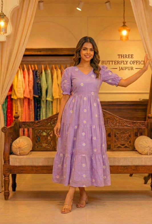 Lavender Daisy Embroidered V-Neck Tiered Midi Dress with Puff Sleeves