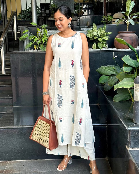 Summer Breeze: Off-White Floral Block Print Kurta Set