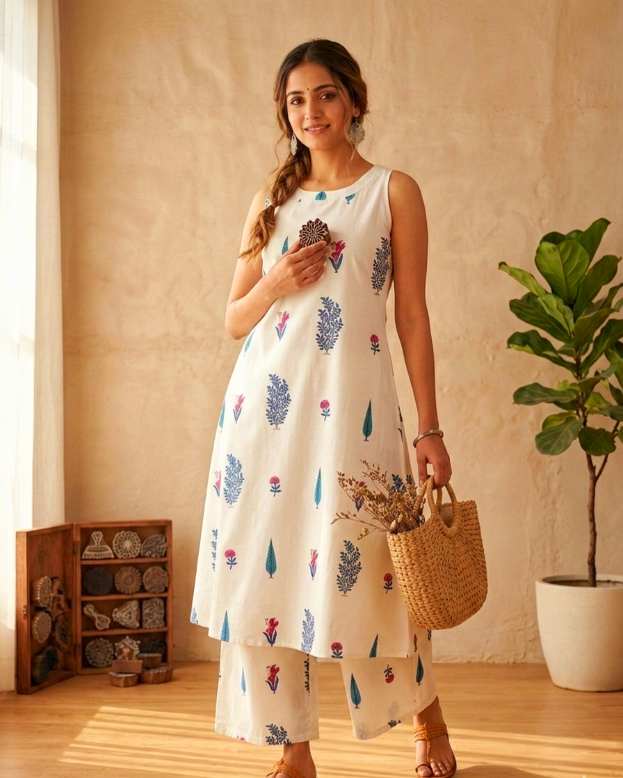 Women's White Floral Print Sleeveless A-Line Kurta with Palazzo Set