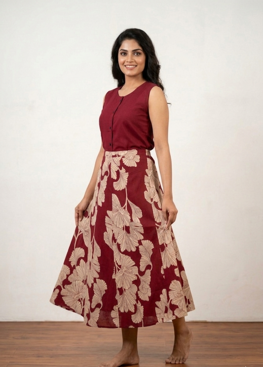 Elegance in Print: Maroon Gingko Leaf Midi Dress
