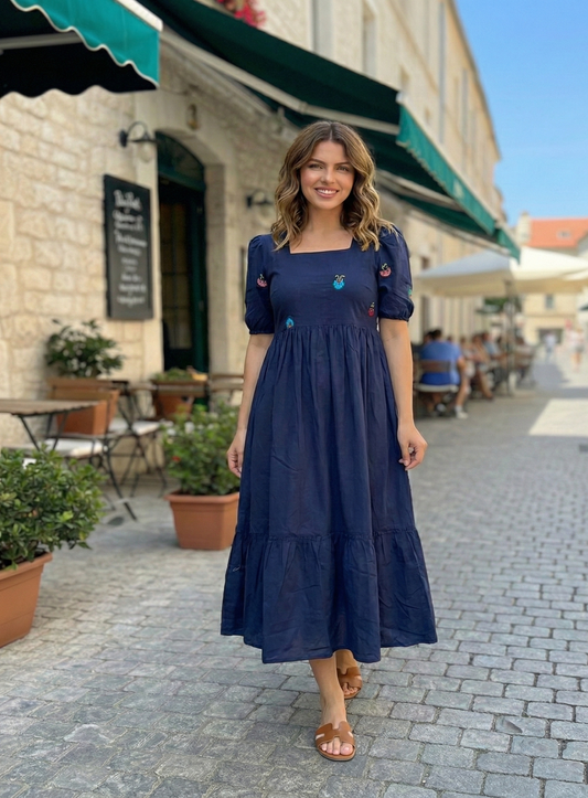 Navy Blue Tiered Midi Dress with Puff Sleeves & Embroidery