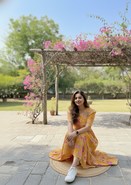 Yellow Floral Cotton Midi Dress for women