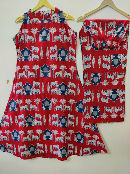 Women's Red Sleeveless Ethnic Elephant Print Kurta with Pant Set