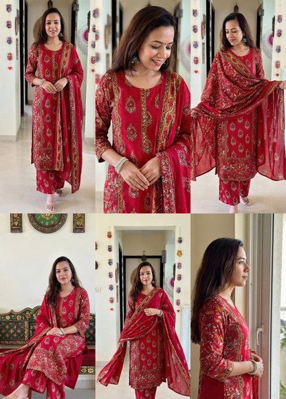 Regal Ruby: Gold Block-Printed Traditional Kurta Set with Dupatta