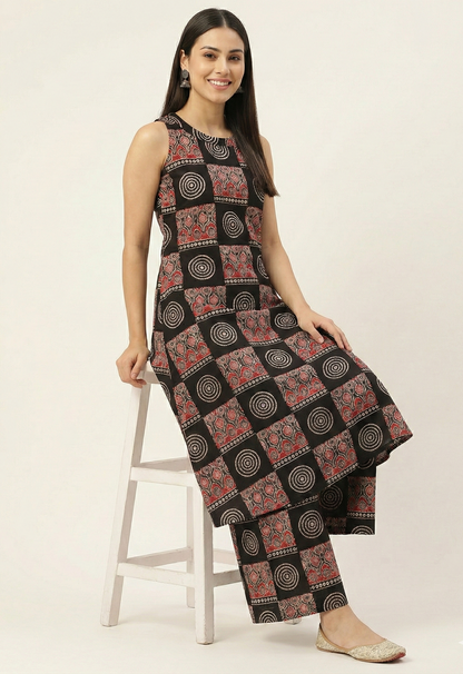 Black & Red Geometric Block Print Sleeveless Kurta with Palazzo Set