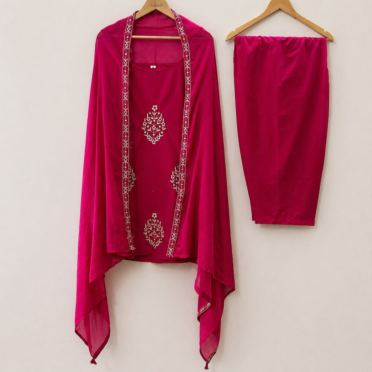 Hot Pink Embroidered Strappy Sleeveless Kurti with Salwar & Dupatta Set