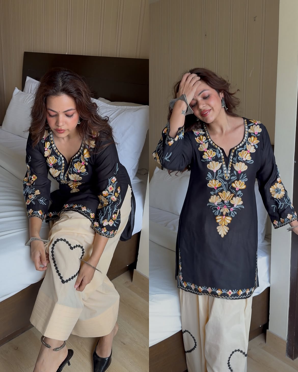 Black Floral Embroidered Cotton Short Kurti with Beige Farshi Salwar Set