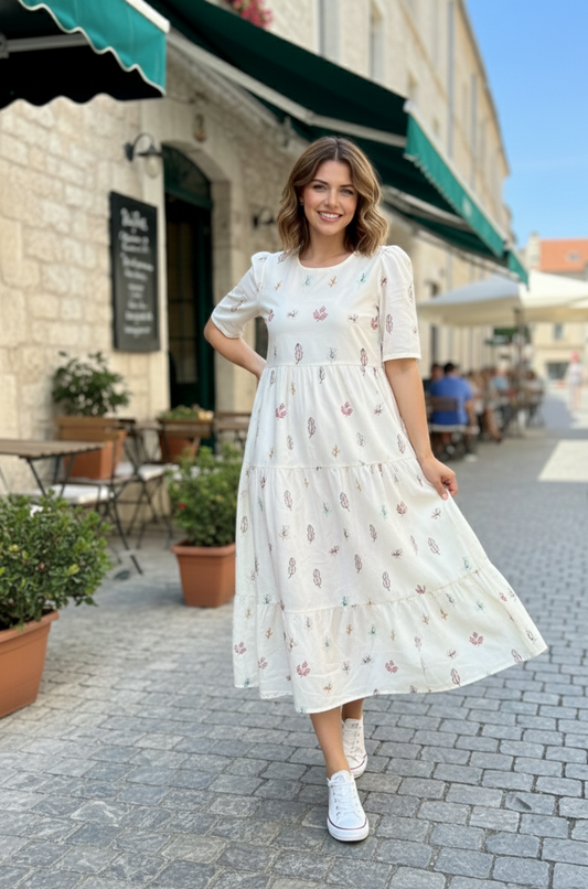 Elegant Off-White Embroidered Tiered Dress | Effortless Chic