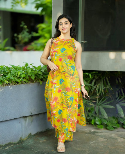 Tropical Sunshine: Bright Yellow Floral Print Sleeveless Kurta Set