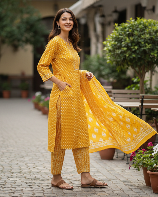 Summer Shine: Premium Cotton Yellow Straight-Line Kurta Set with Printed Dupatta