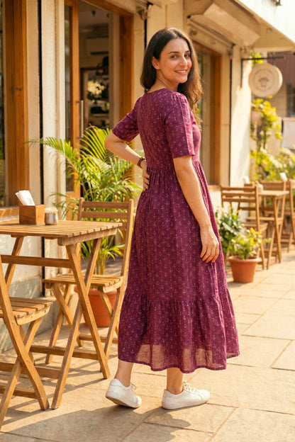 Women's Wine Cotton Tiered Dress with All-Over Floral Motif