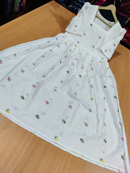 Elegant White Floral Embroidered Square Neck Tiered Midi Dress