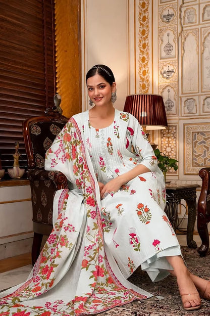 Mint Green Floral Printed Kurta Set with Pant and Matching Dupatta
