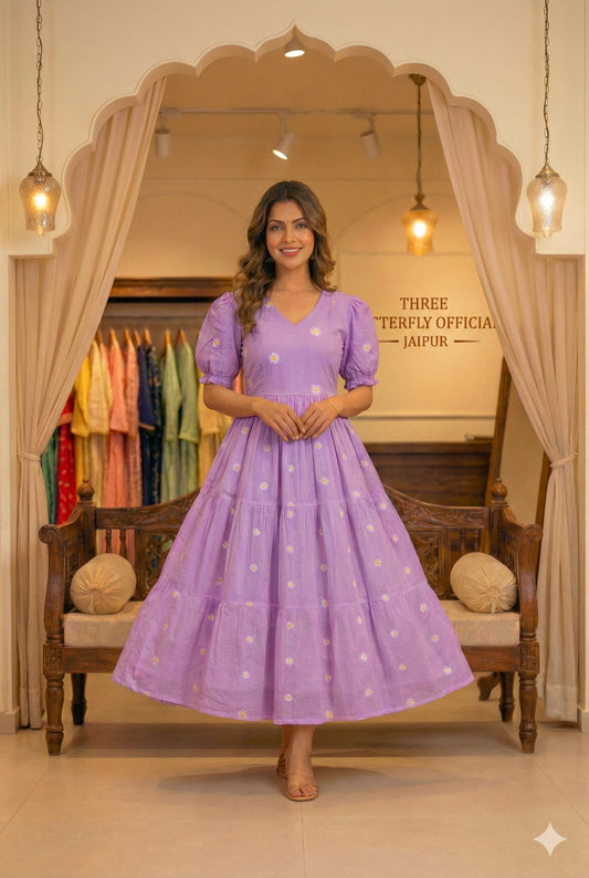 Lavender Daisy Embroidered V-Neck Tiered Midi Dress with Puff Sleeves