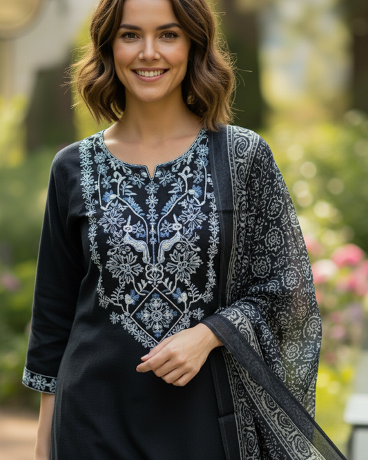 Elegant Black Embroidered Kurta Set with Printed Border Dupatta | Premium Festive & Casual Wear