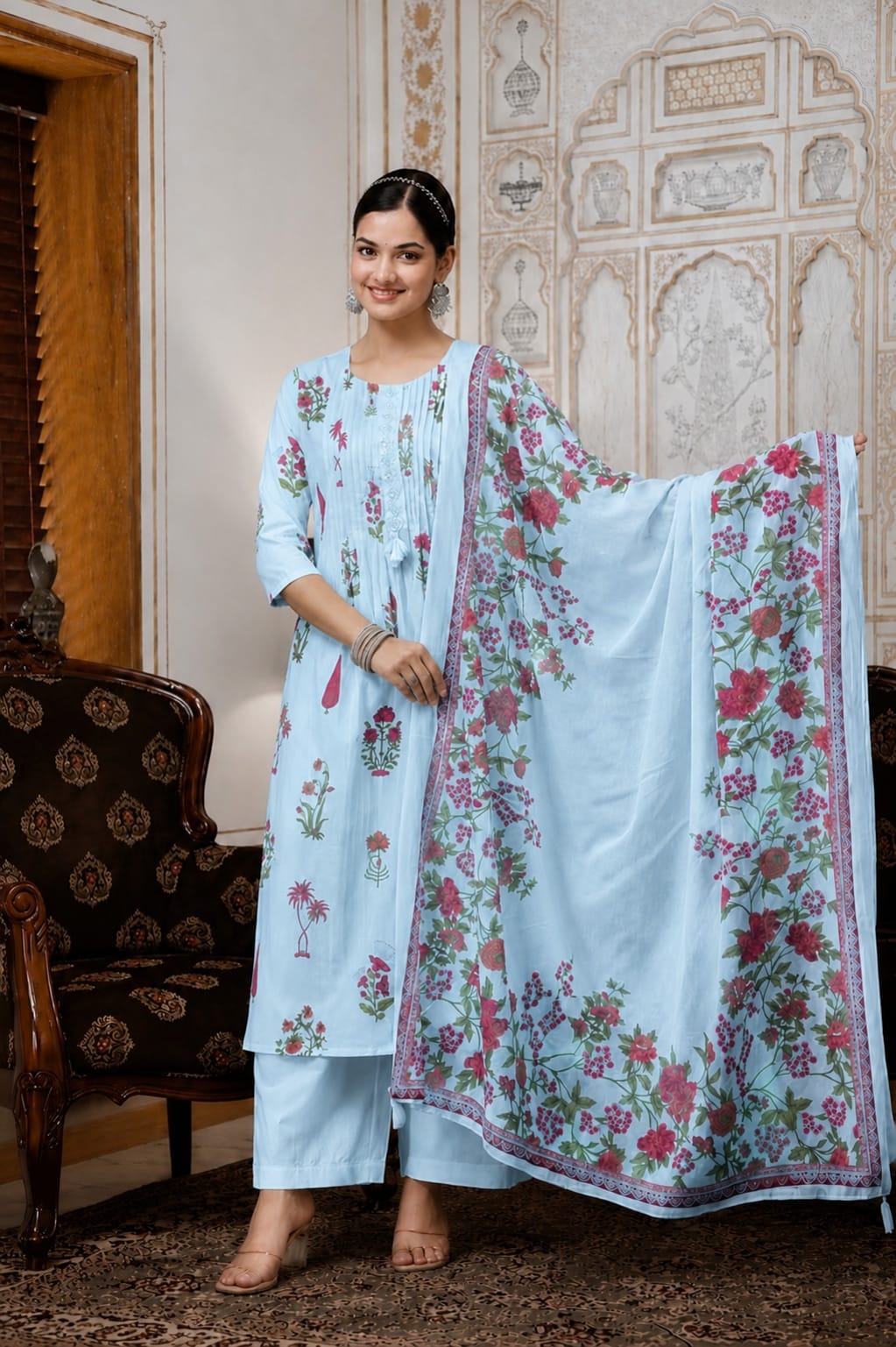 Sky Blue Floral Printed Cotton Kurta Set with Pant and Matching Dupatta