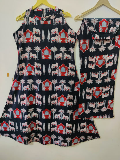 Women's Black Sleeveless Ethnic Elephant Print Kurta with Pant Set