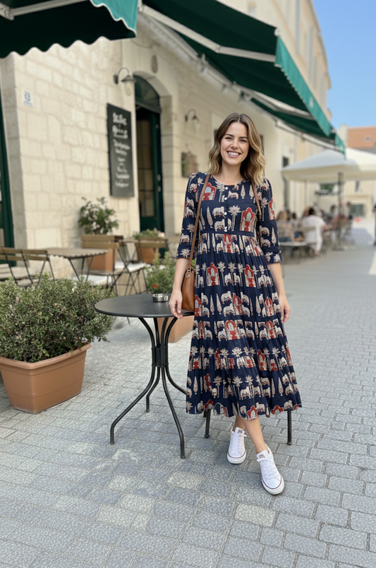 Flamingo Print Tiered Midi Dress | Summer Special Puff Sleeve Style