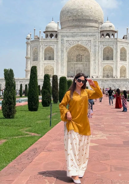Mustard Yellow Straight-Cut Kurti with Embroidered Floral Palazzo Trousers