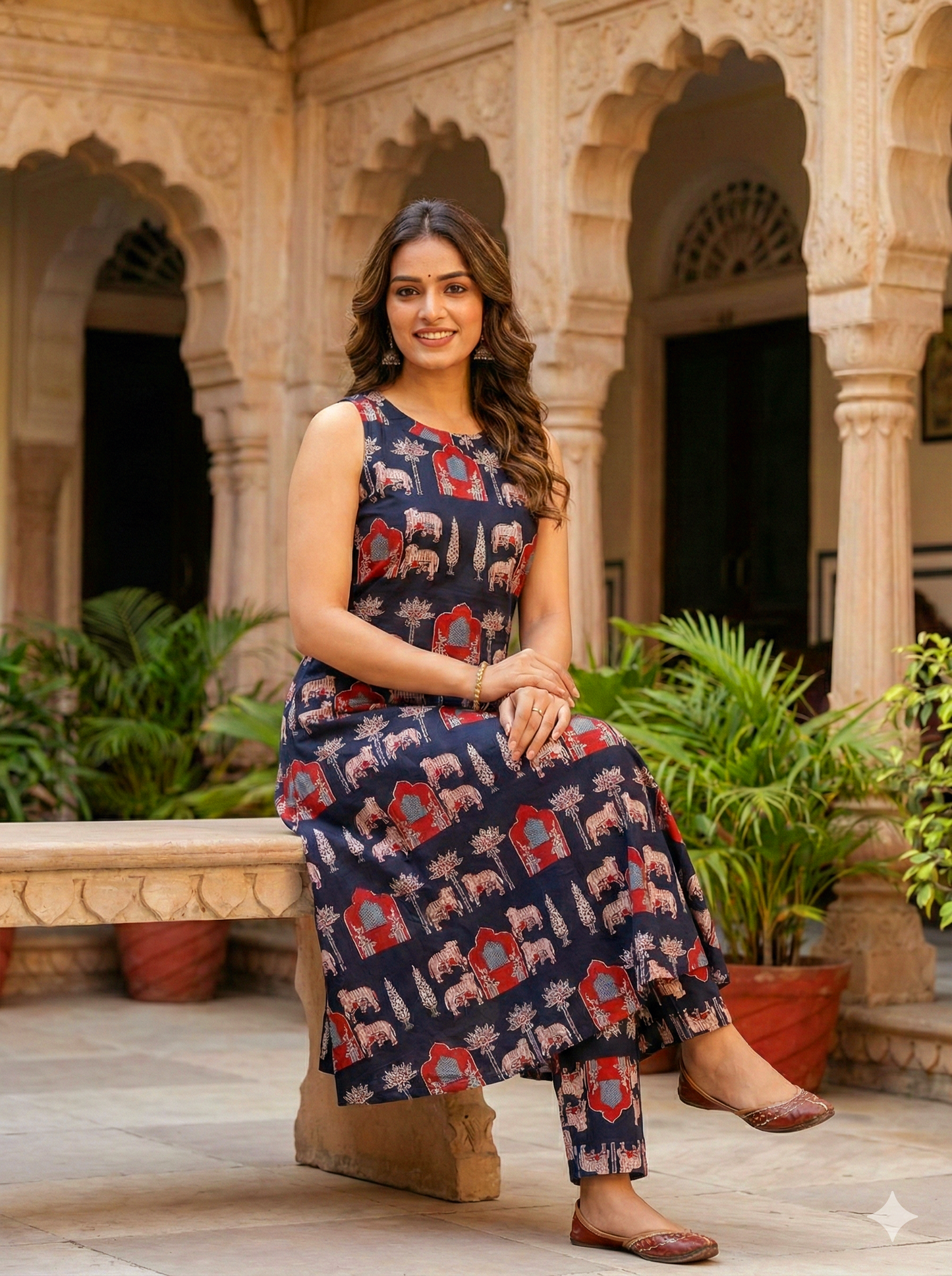 Women's Black Sleeveless Ethnic Elephant Print Kurta with Pant Set