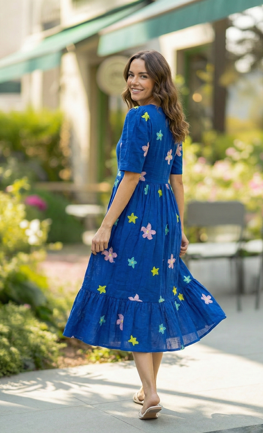 Vibrant Blue Star & Flower Embroidered Tiered Maxi Dress with Puff Sleeves