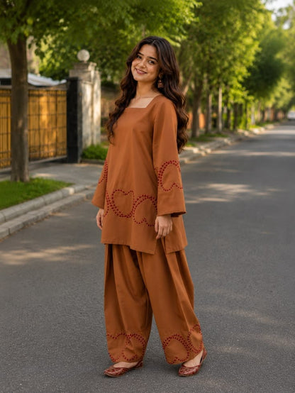 Rust Brown Heart Embroidered Cotton Short Kurti with Farshi Salwar Set