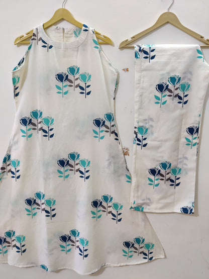 Elegant White & Blue Floral Block Print Sleeveless Kurta Set