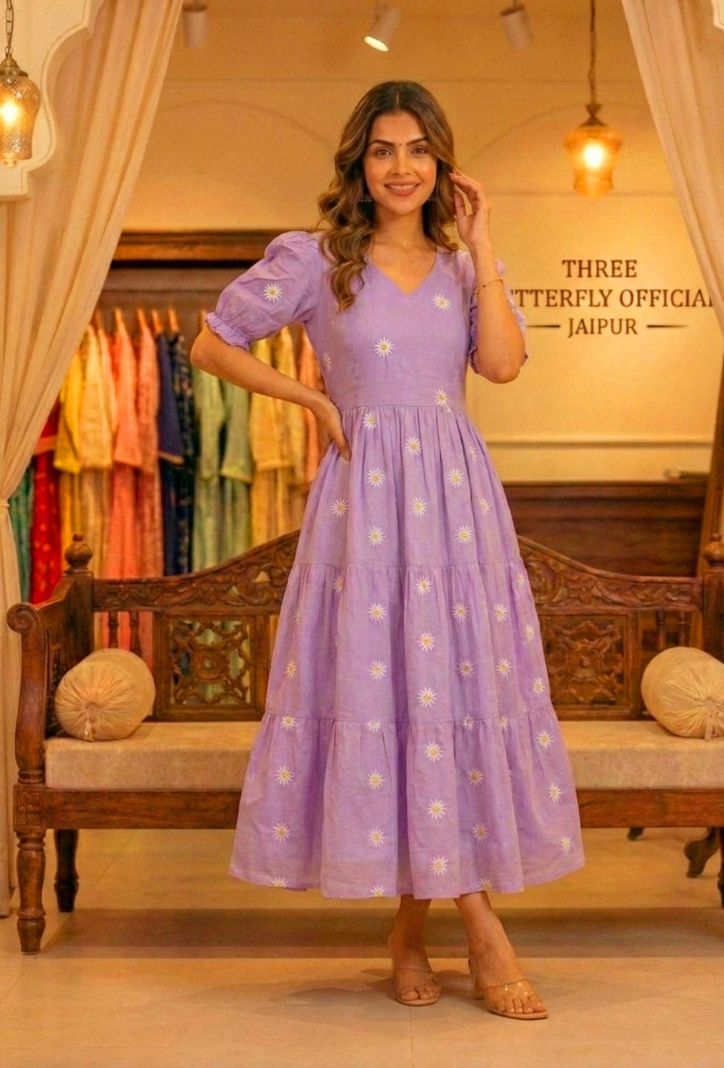 Lavender Daisy Embroidered V-Neck Tiered Midi Dress with Puff Sleeves