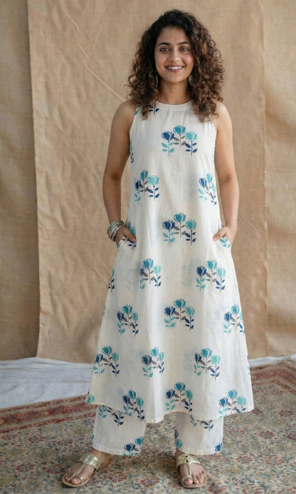Elegant White & Blue Floral Block Print Sleeveless Kurta Set