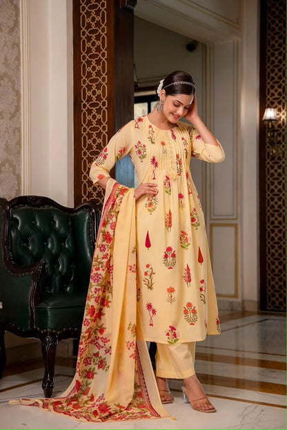 Butter Yellow Floral Printed Kurta Set with Pant and Matching Floral Dupatta