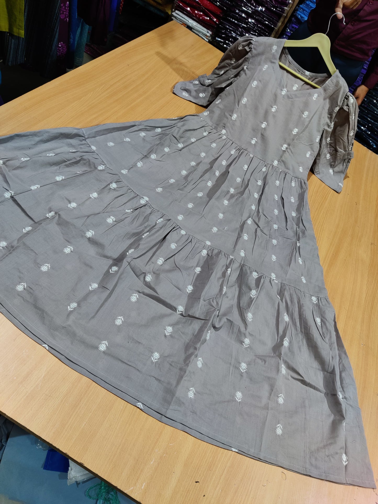 Elegant Grey Tiered Maxi Dress with White Floral Embroidery & Puff Sleeves