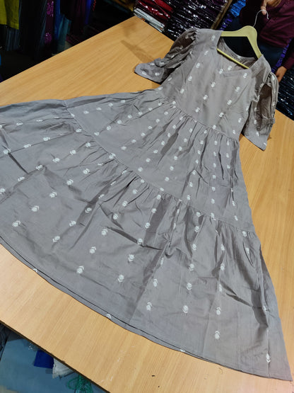 Elegant Grey Tiered Maxi Dress with White Floral Embroidery & Puff Sleeves