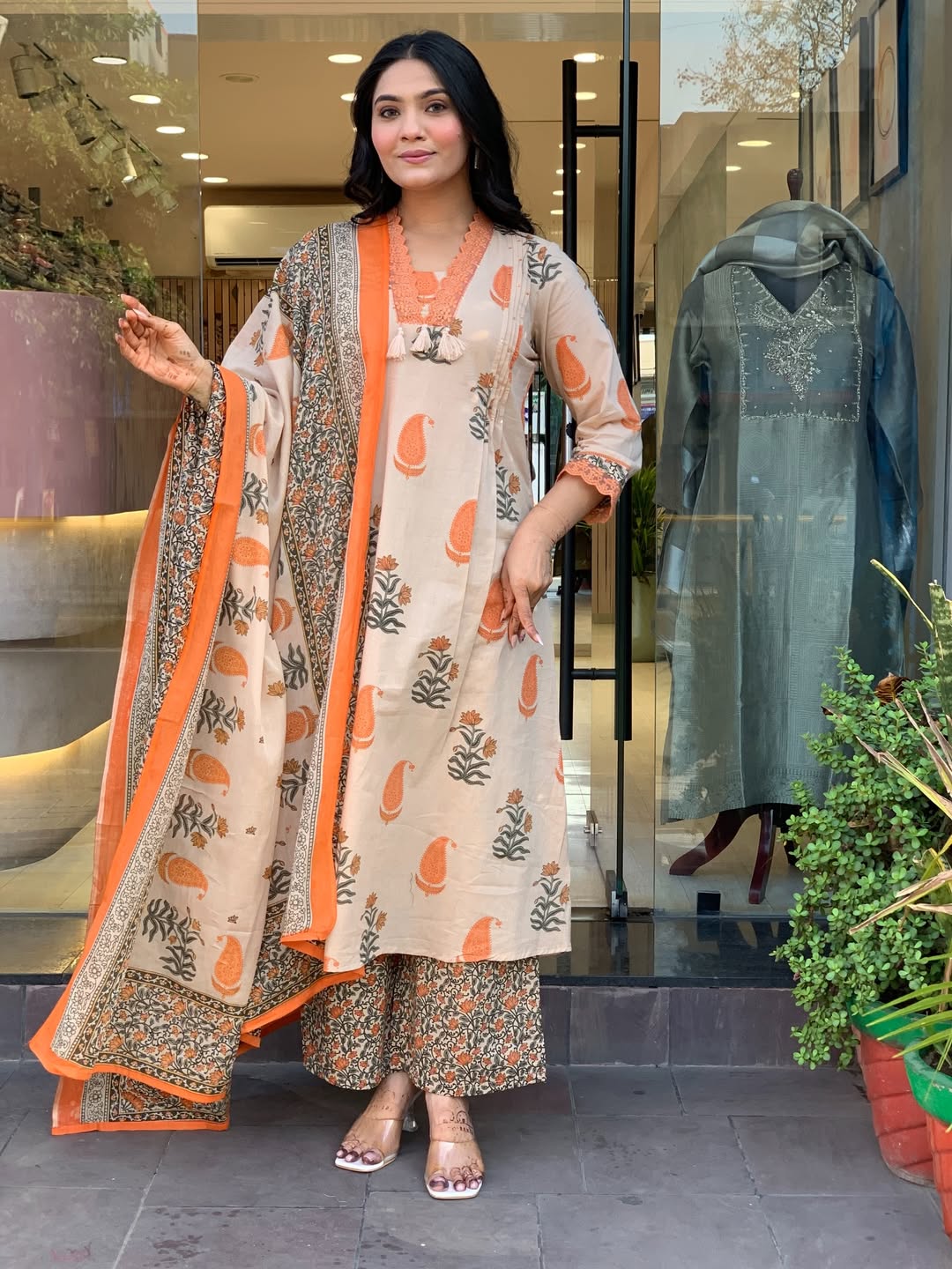 Beige & Tangerine Paisley Printed Kurta Set with Printed Plazzo and Dupatta