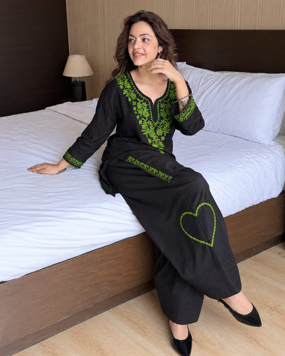 Black & Neon Green Embroidered Cotton Short Kurti with Farshi Salwar Set