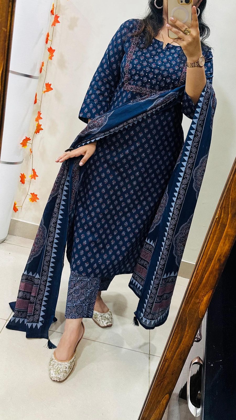 Navy Blue Bandhani & Ethnic Printed Kurta Set with Trousers and Dupatta