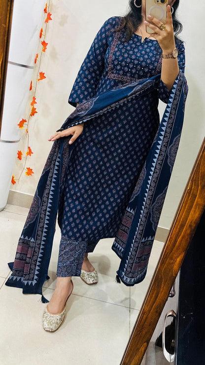 Navy Blue Bandhani & Ethnic Printed Kurta Set with Trousers and Dupatta