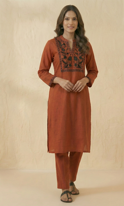 Elegant Terracotta Cotton Kurta Set with intricate Black Embroidery