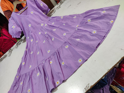 Lavender Daisy Embroidered V-Neck Tiered Midi Dress with Puff Sleeves