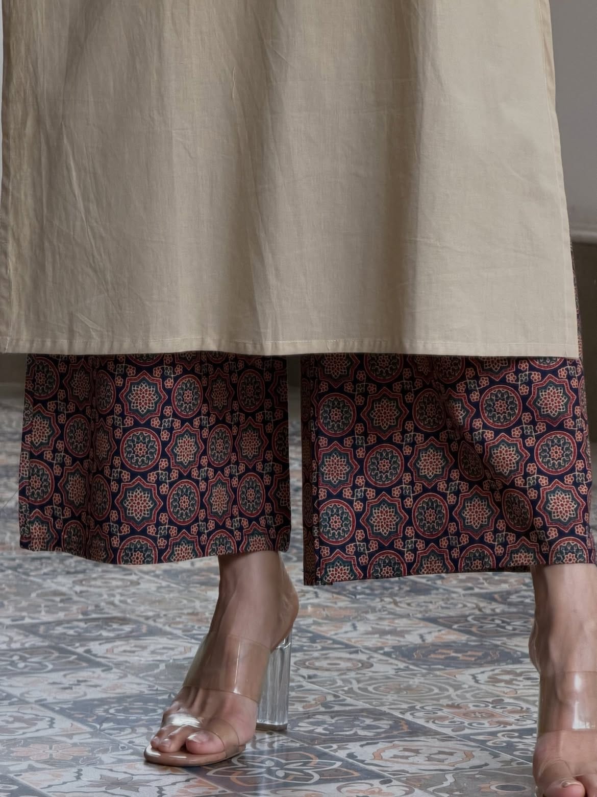 Beige Embroidered Straight Kurta with Printed Palazzo & Dupatta Set