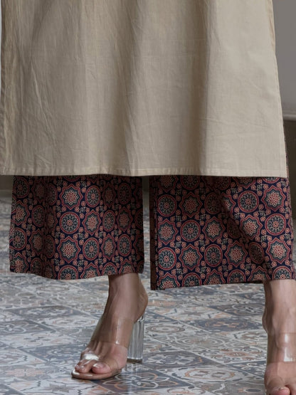 Beige Embroidered Straight Kurta with Printed Palazzo & Dupatta Set
