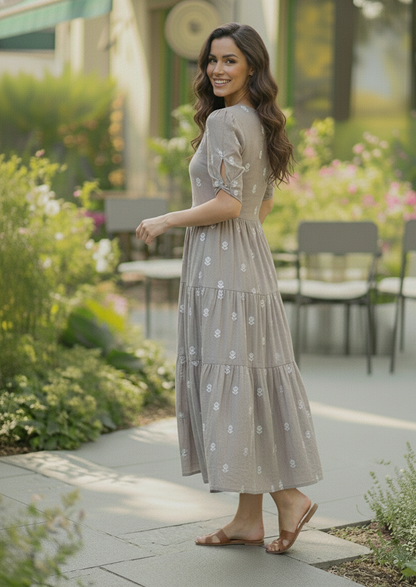 Elegant Grey Tiered Maxi Dress with White Floral Embroidery & Puff Sleeves