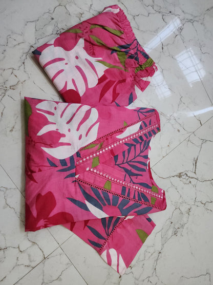 Women's Tropical Floral Print V-Neck Kurta & Pant Summer Co-ord Set