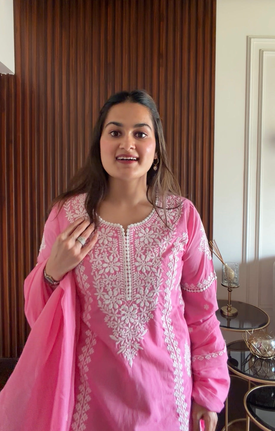 Candy Pink Chikankari Embroidered Cotton Kurta Set with Pant & Dupatta