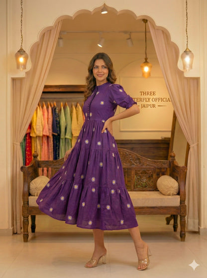 Deep Purple Daisy Embroidered Cotton Tiered Midi Dress