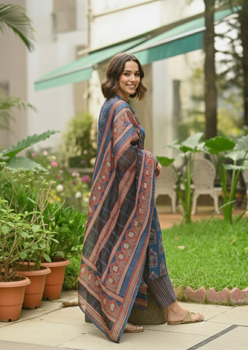 Elegant Blue Kalamkari Printed Kurta Set with Dupatta