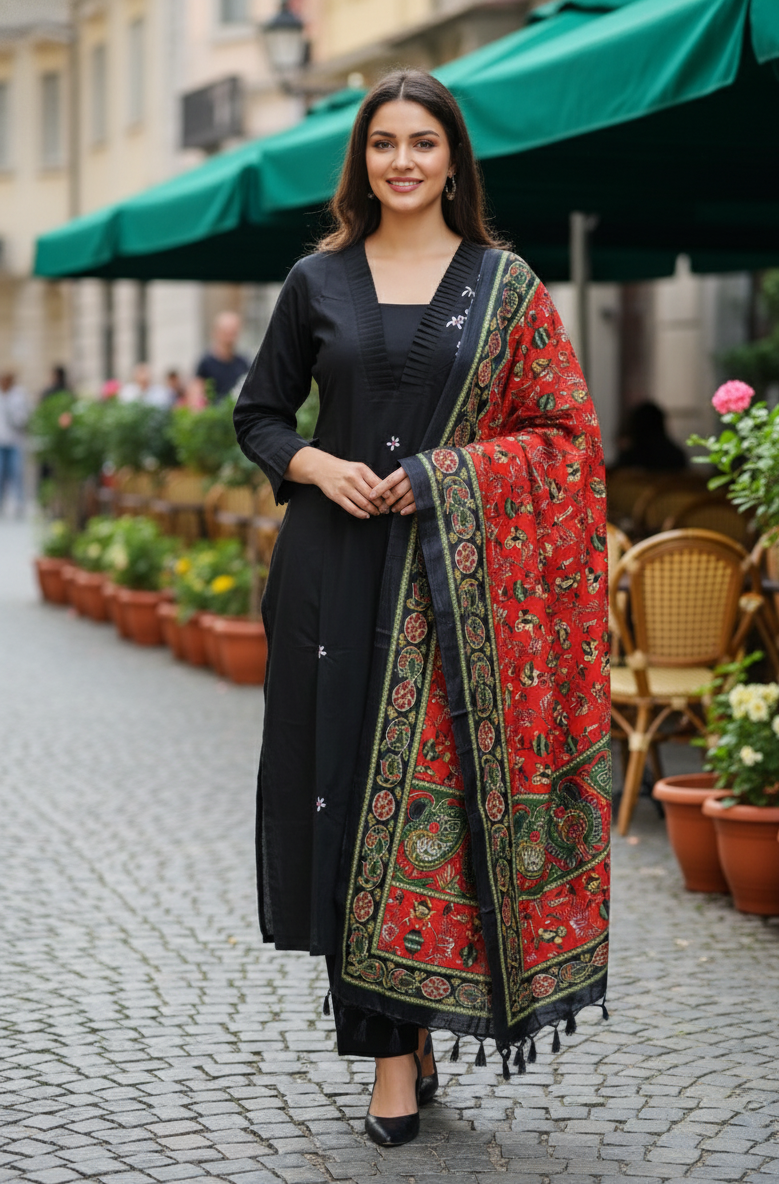 Elegant Noir: Black Straight-Cut Kurta Set with Floral Embroidery & Artisan Red Dupatta