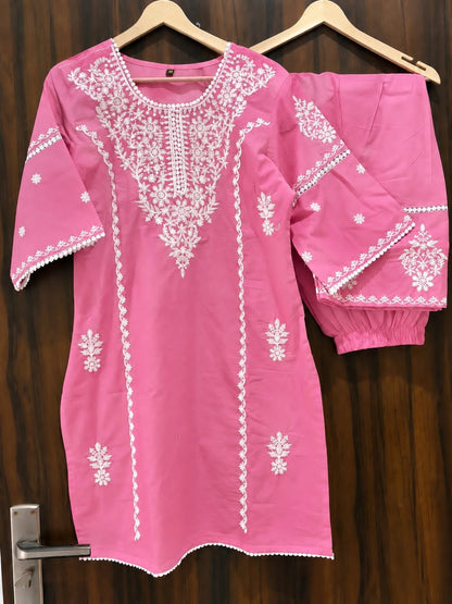 Candy Pink Chikankari Embroidered Cotton Kurta Set with Pant & Dupatta