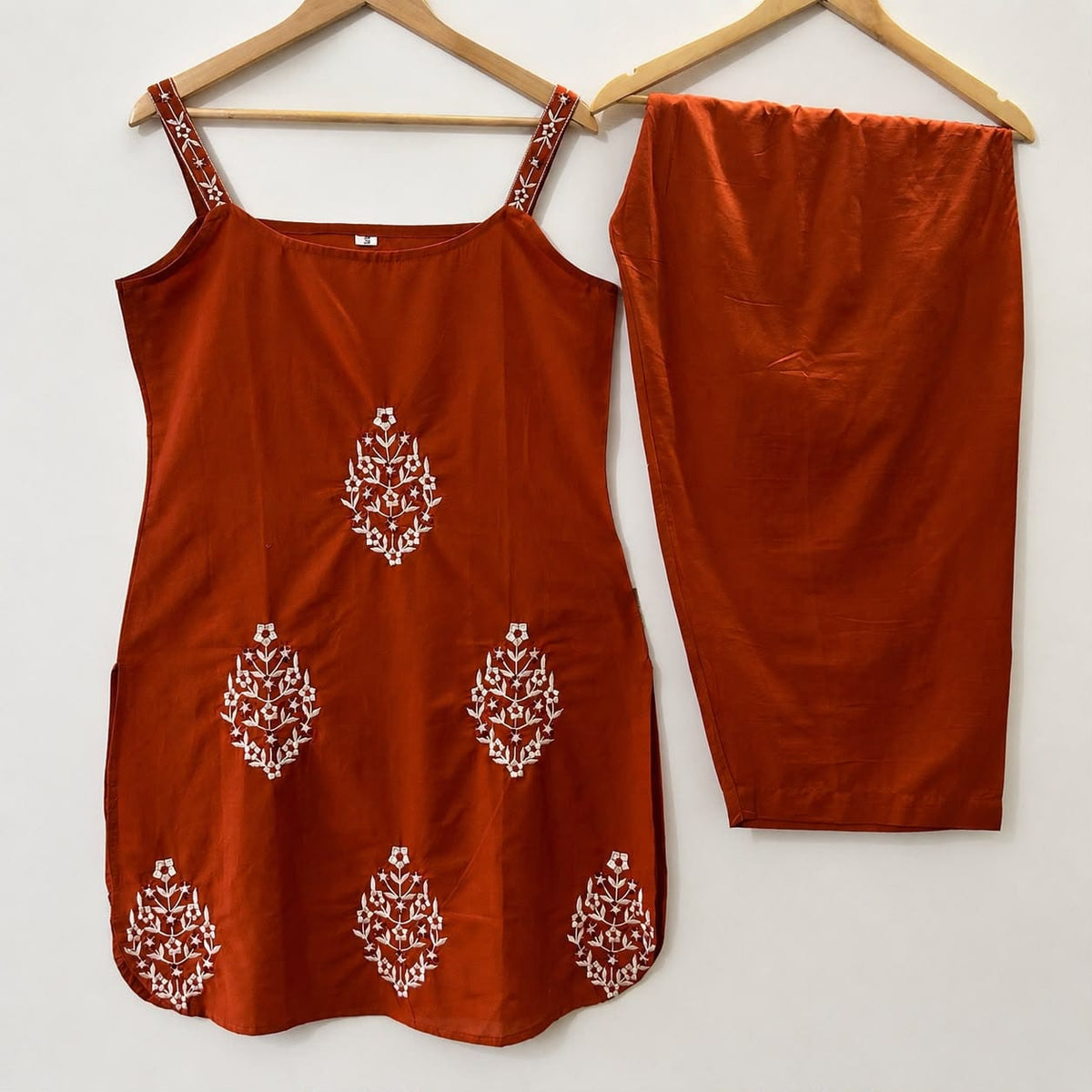 Rust Orange Embroidered Strappy Sleeveless Kurti with Salwar & Dupatta Set