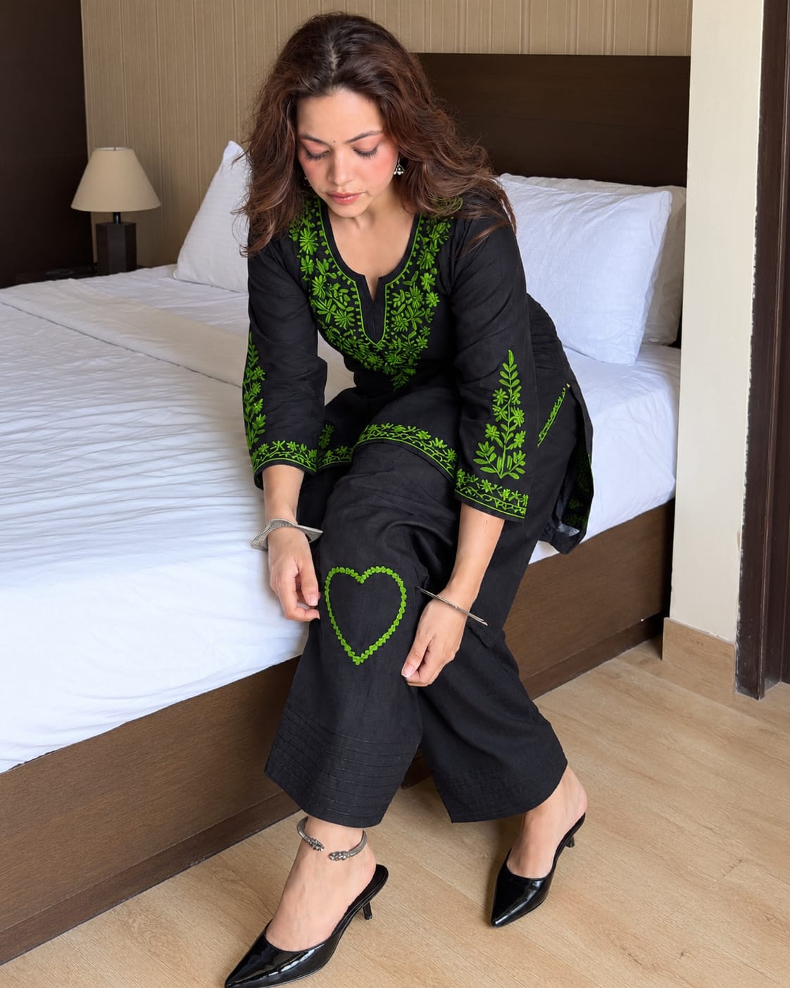 Black & Neon Green Embroidered Cotton Short Kurti with Farshi Salwar Set
