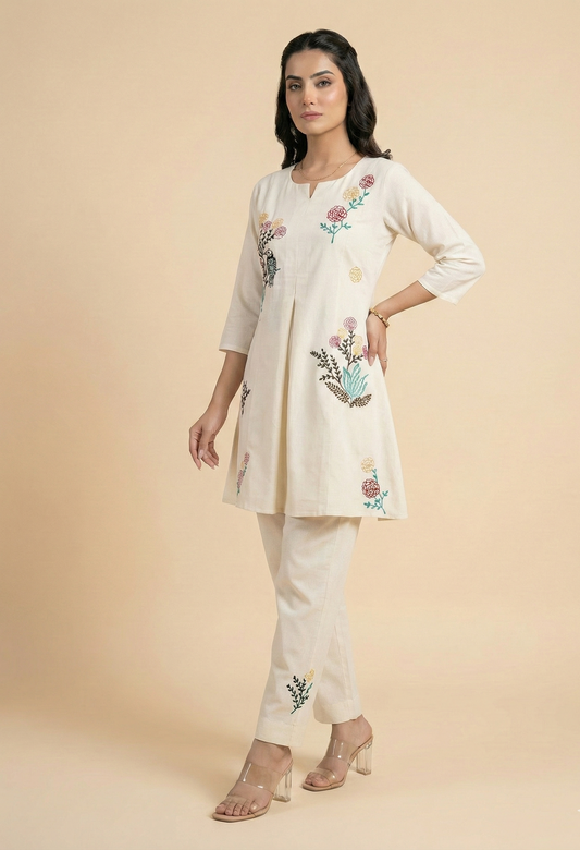 Women's Off-White Cord-Set Cotton with Floral & Bird Embroidery